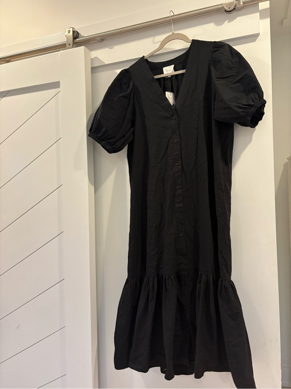 Sunday Black Puff-Sleeve Button-Front Midi Dress